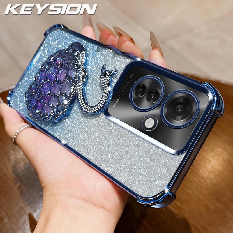 KEYSION Shockproof Plating Phone Case for OPPO Reno11 F 5G Clear TPU Glitter Jewelled Swan Kickstand Back Cover for OPPO Reno11F 5G