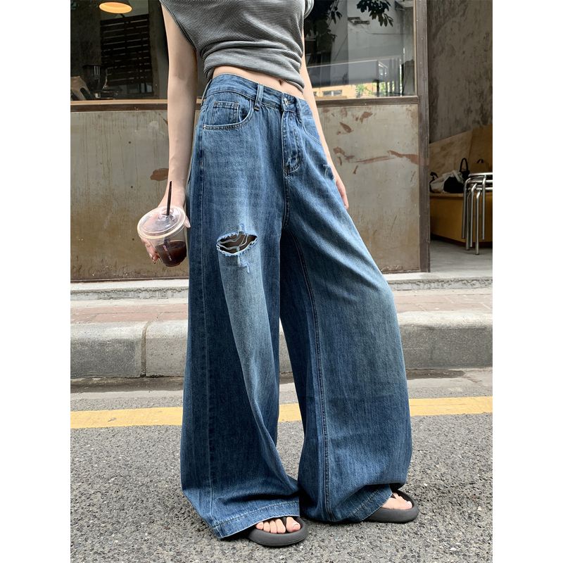 

Kumikumi American Retro Worn Looking Washed-out Ripped Denim Female Fall High Waist Slim Looking Loose Pants Mop Pants Ractued Wide-Leg Pants XL