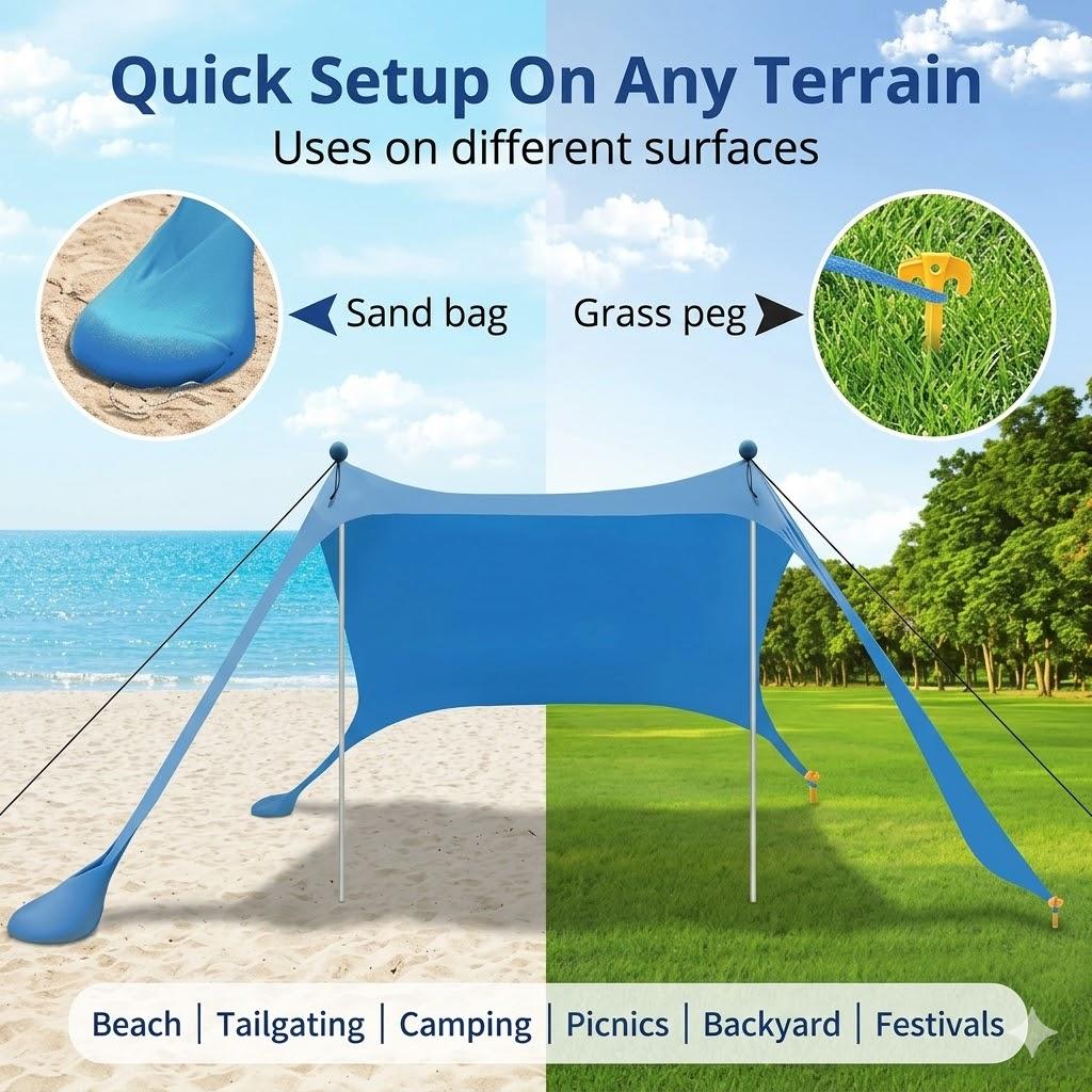 UPF50+ Beach Tent Sunshade 6.5x6.8ft Portable Pop-up Canopy with Windproof Ropes Storage Bag for Family Fishing Backyard Picnic