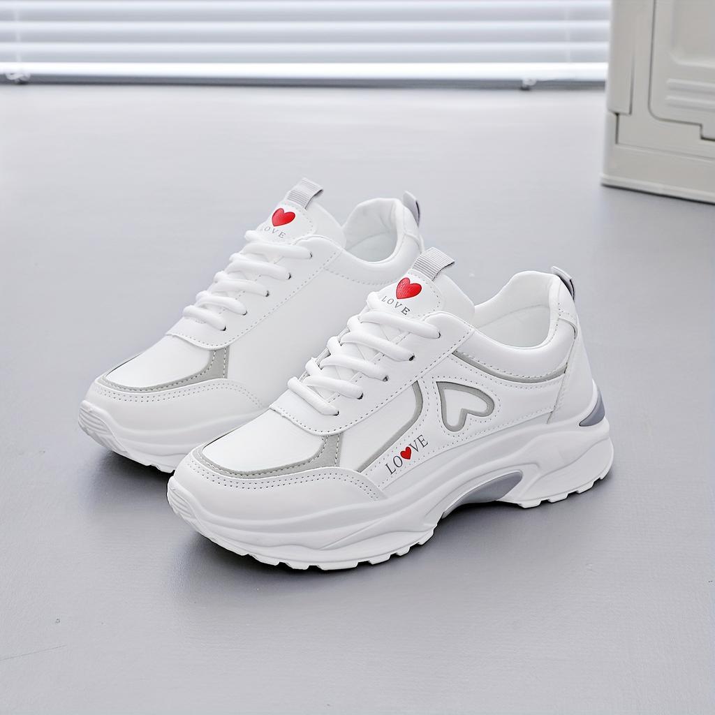 Women's Breathable Mesh & Synthetic Low-Top Sneakers | 2025 White & Black Casual Running Shoes with Red Heart Accent, Round Toe Design, TPU Sole