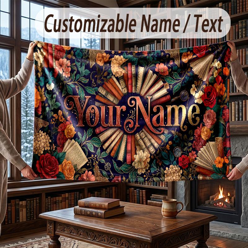 Floral Garden Theme Throw Blanket Custom Name Text Personalized Blanket Soft Cozy Blanket for Home Sofa Bed