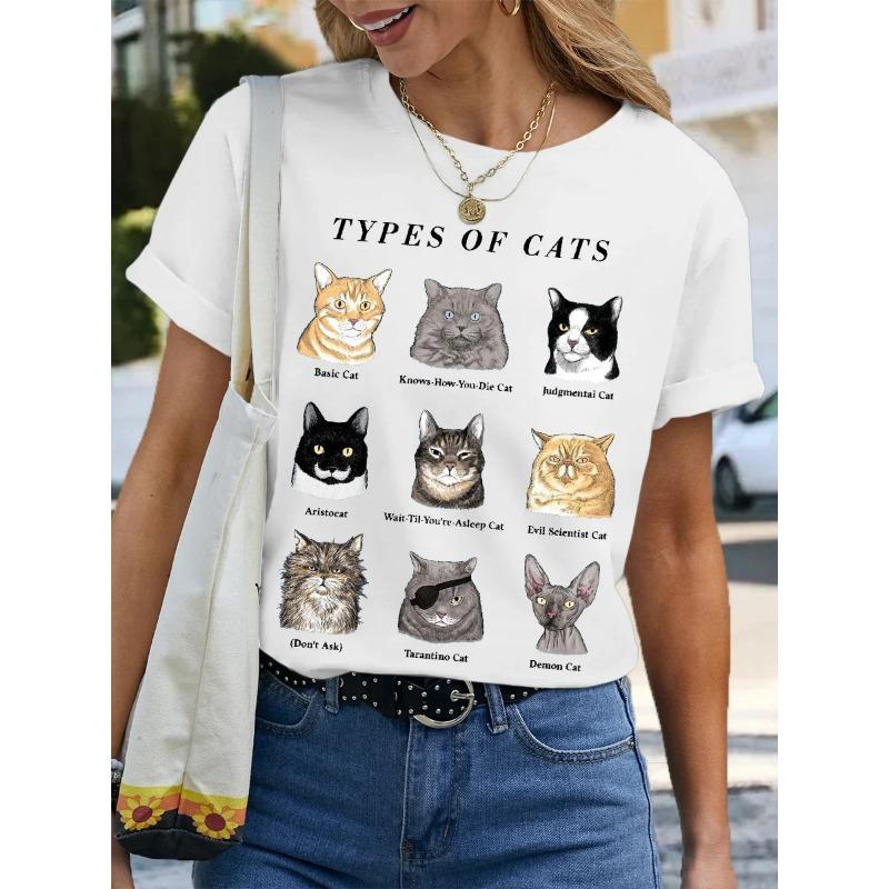 Letnie T-shirty damskie z okrągłym dekoltem i modnym nadrukiem 3D kota z krótkim rękawem