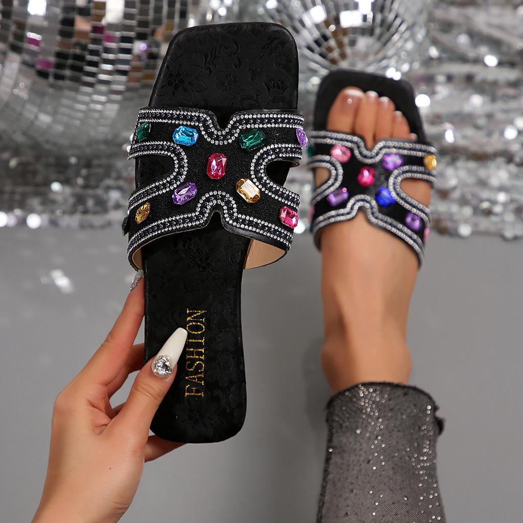 Women Slippers Summer Casual Home Shoes Fashionable Versatile Sandals Rhinestone Flat Slippers Slides Women Zapatos De Mujer