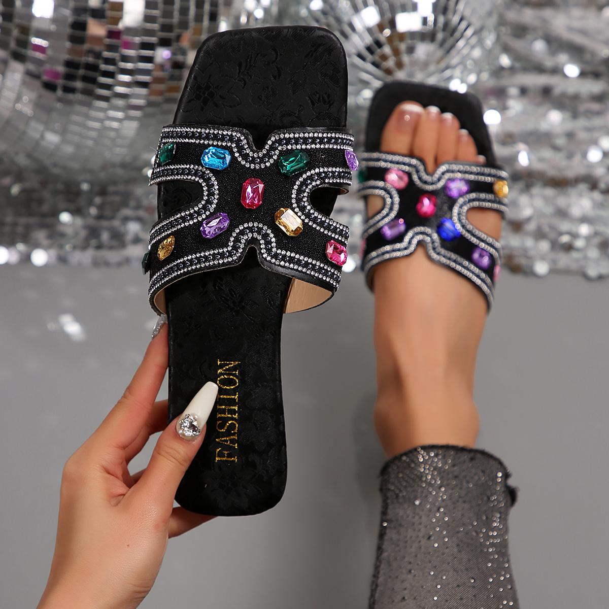 

Women Slippers Summer Casual Home Shoes Fashionable Versatile Sandals Rhinestone Flat Slippers Slides Women Zapatos De Mujer 42 чёрный