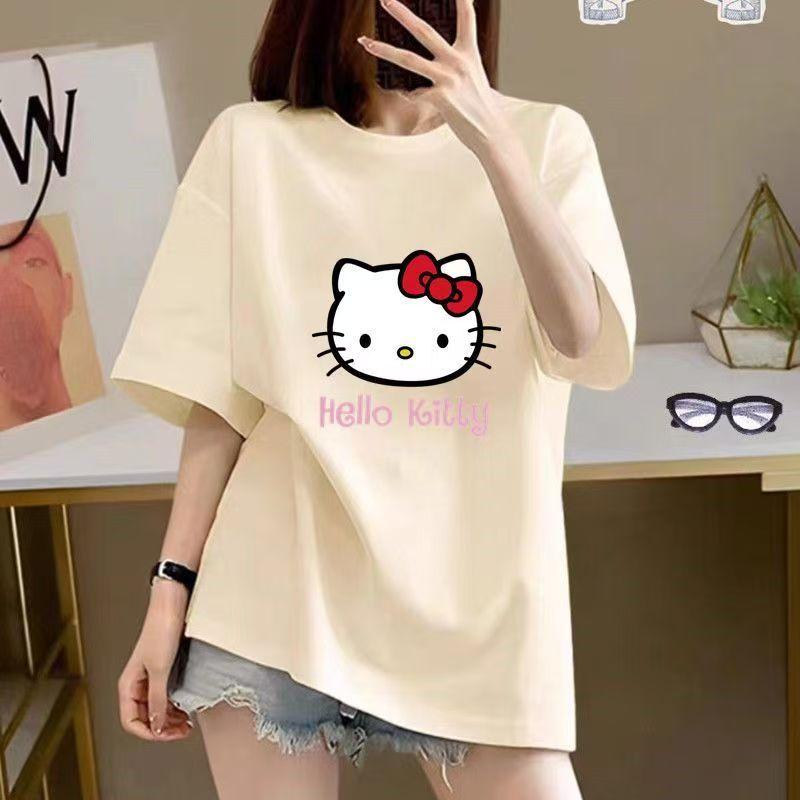 

Sanrios 2026Summer New Collection HelloKitty Cartoon Print Pure Cotton LooseFitting Breathable Womens ShortSleeved TShirt S