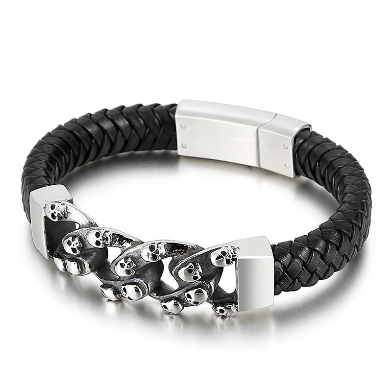 KALEN Punk Skull Head Chain Personality Black Cowhide Leather Bracelet Men 21cm&Punk