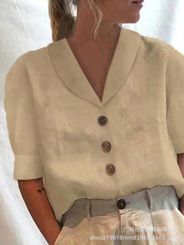 

Жіноча блузка з V-подібним вирізом, коротким рукавом, деталями на ґудзиках і рукавом-буфом у різних кольорах 3XL темного кольору хакі