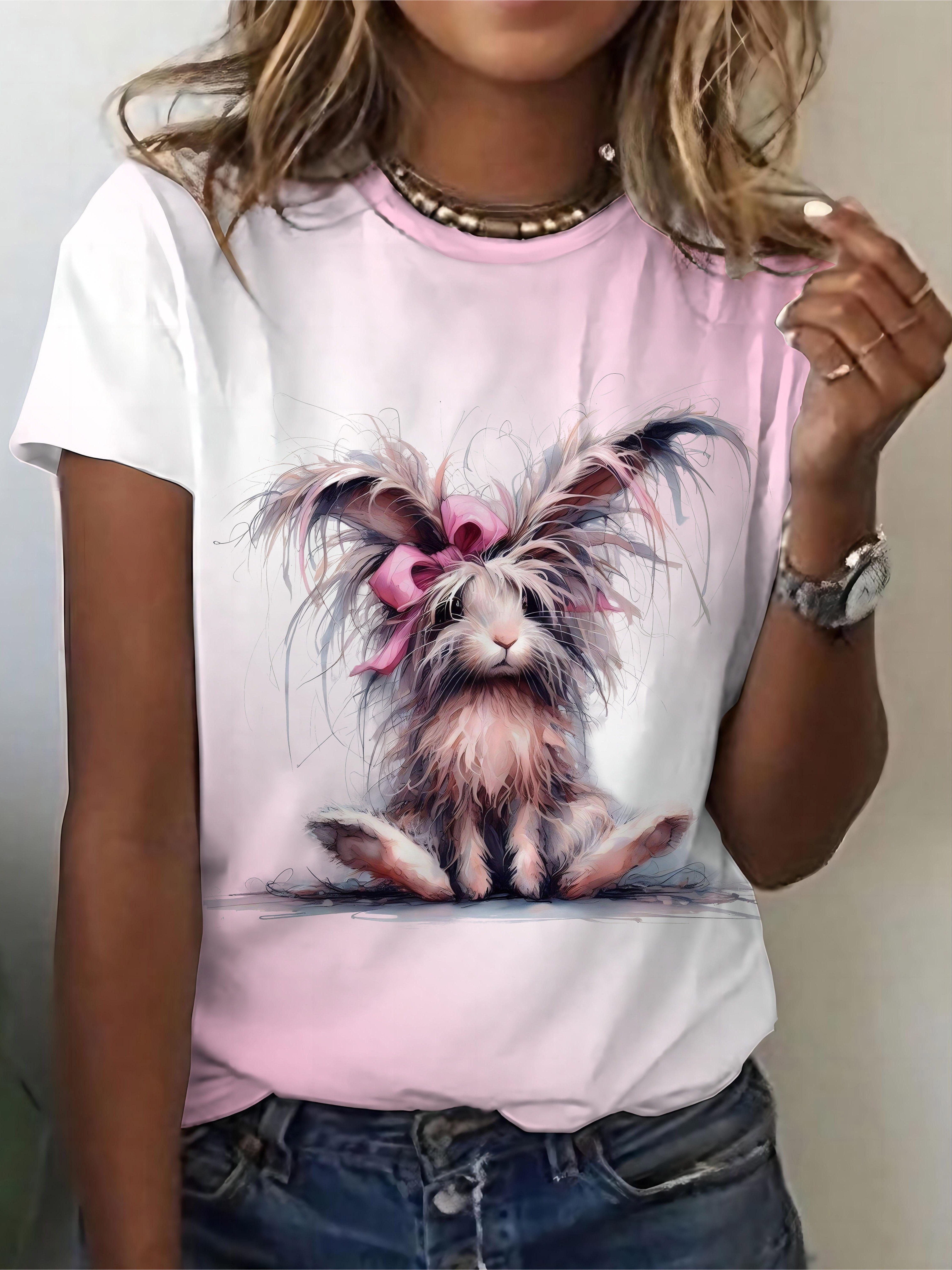 Ladies  Rabbit Printed Round Neck T-shirt - Soft Pink Casual Short Sleeve, Rabbit Pink Bow Design, Machine Washable for Four Seasons Comfort S
