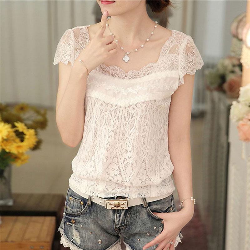

Korean V-Neck Fashion Lace Spliced Blouse Women s Clothing Elegant Hollow Out Summer Sweet Short Sleeve Sexy Casual Shirt 2024 S белый