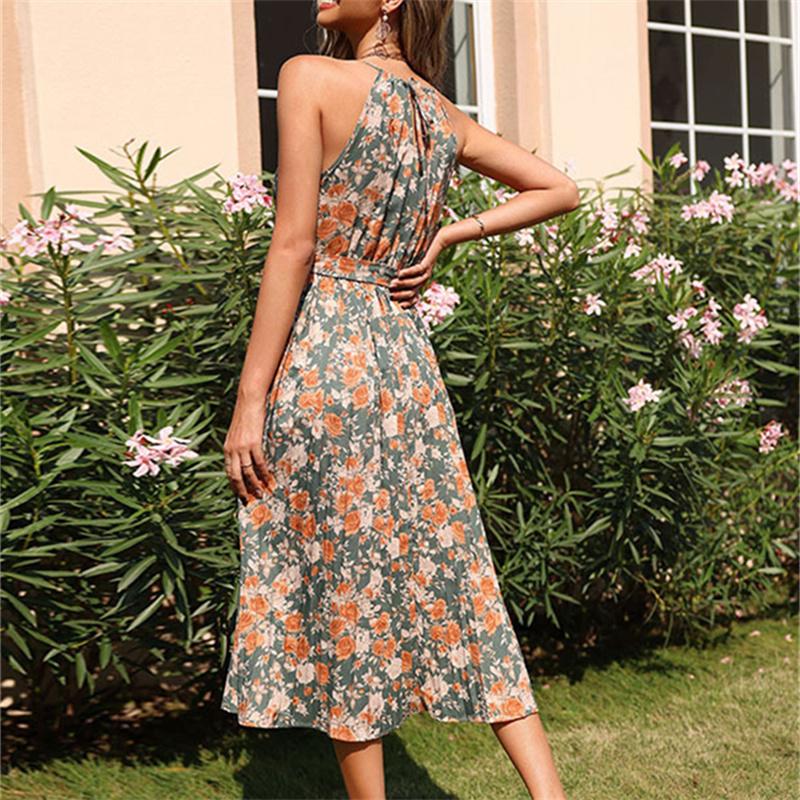 Women Vintage  Off Shoulder Flower Print Spaghetti Strap Dress Hem Slim Waist Slit Irregular Long Dresses Sling Vestido