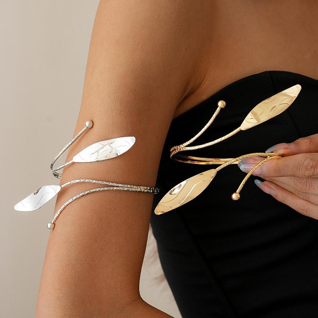 Punk Metal Leaf Arm Bangle Band Cuff Armlets for Women Girls Hollow Out Geometric Pattern Bangles Costume Accessories Gifts