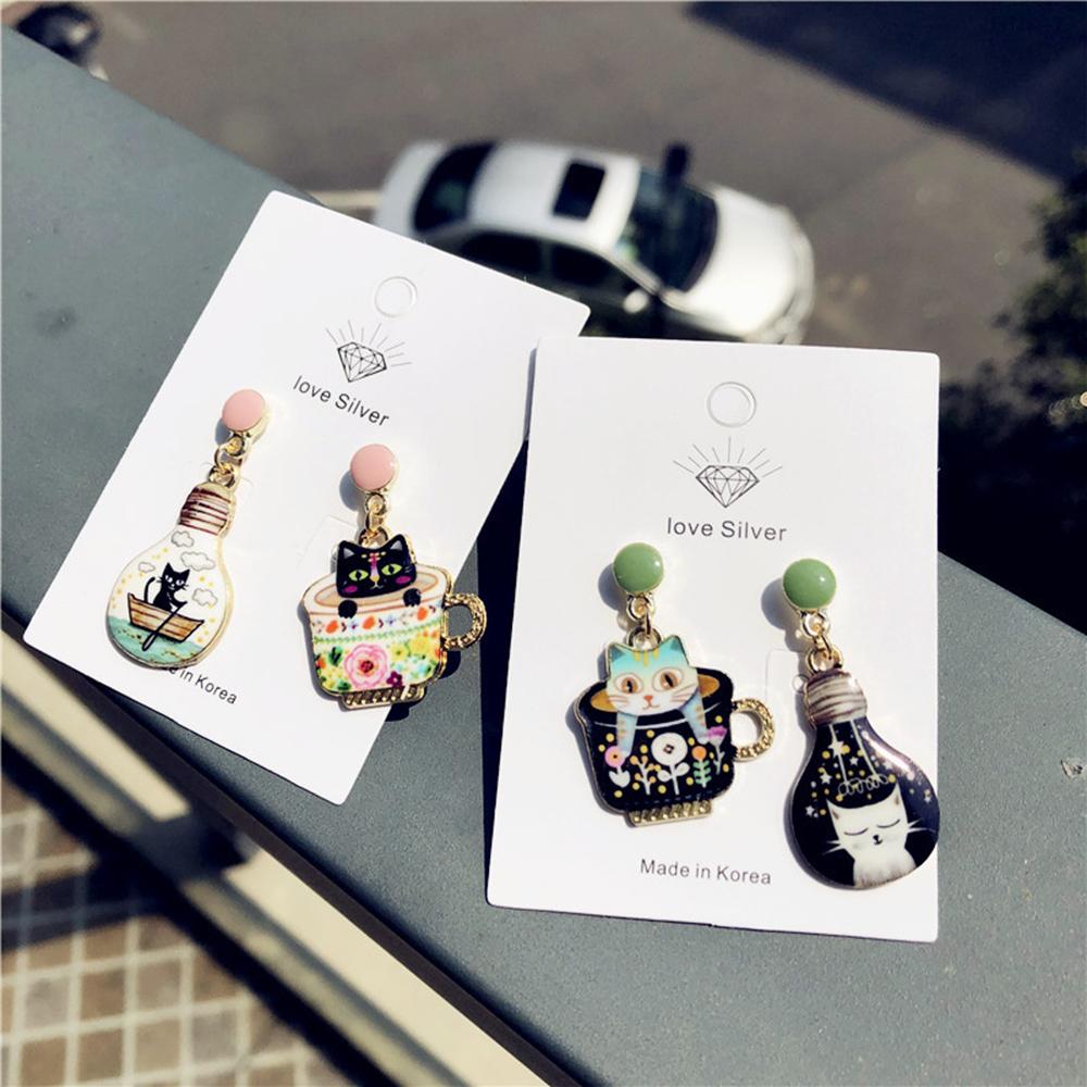 Asymmetric Women Zinc Zinc Alloy Enamel Stud Earrings Light Bulb Cat Animals pendants earrings Cup Cat