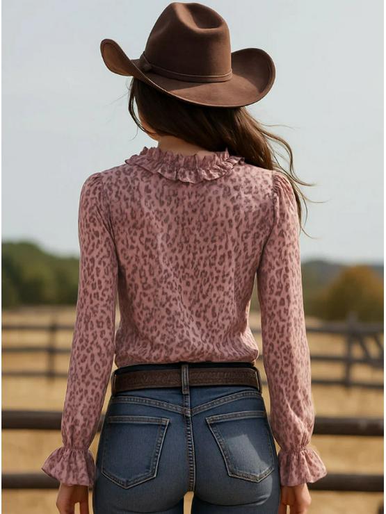 Rosa Leopardendruck Chiffon V-Ausschnitt Rüschen Langarmshirt