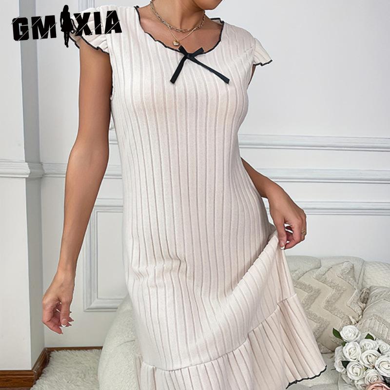 GMXIA Spring and Summer Women's Dress Nightgown Ruffle Hem Milled Pit Stripe Home Home Pajamas