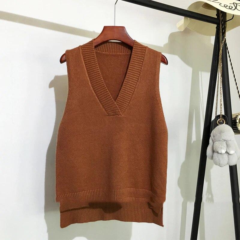 V-neck Knitted Vest Womens Sweater Autumn And Winter 2023 Vinatge Loose Pullover Women Vest Sleeveless Sweaters Fashion 11810