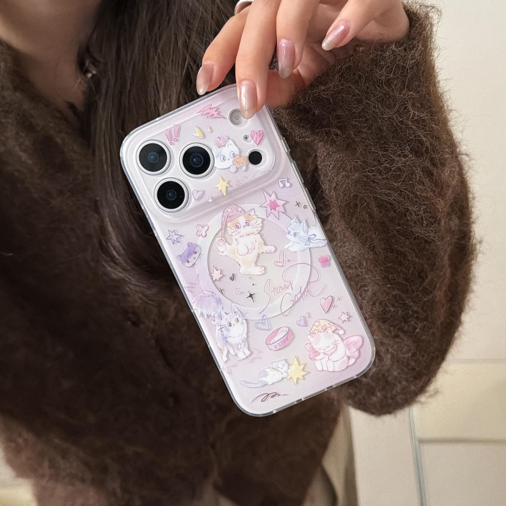 

Purple Graffiti Kitten Magnetic Stand Case for iPhone 16/15/17 Pro Max iPhone 14 Pro