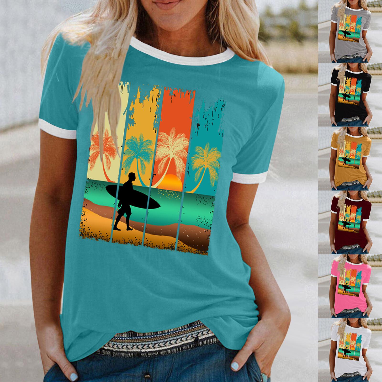 

Женская летняя свободная рубашка с коротким рукавом и круглым вырезом в стиле ретро с коротким рукавом и принтом