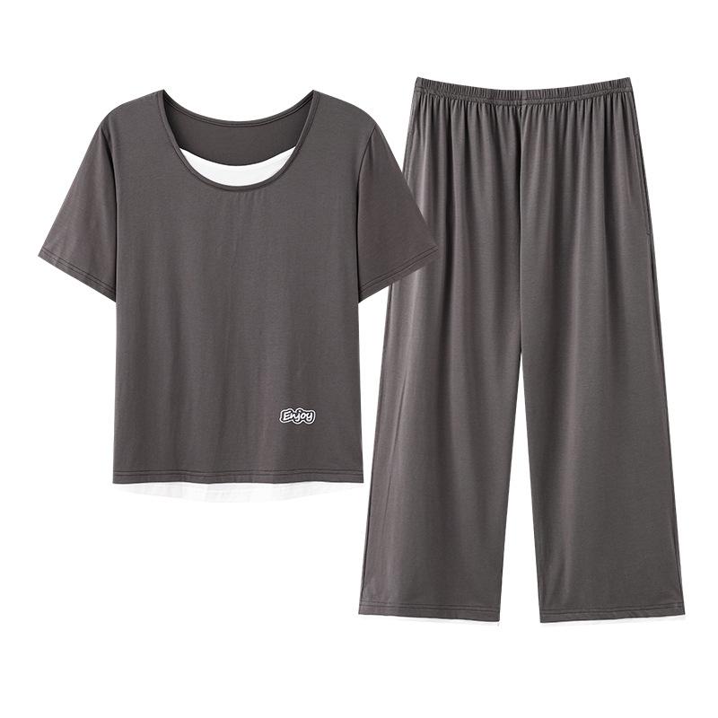 Pajamas women's 1011 new summer ice silk modal short-sleeved cropped pants fake two-piece cool loungewear set