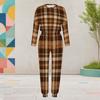 Women Plus Size Round Neck Long Sleeve Brown Plaid Printed Two Piece Set Cuffed Top Cuffed Pants With Pockets