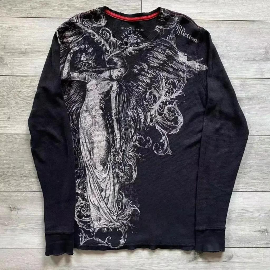 STREETRICH Y2K Gótico Harajuku Estampa de Retalhos Manga Longa Branca Punk Hip Hop Novo Sexy Camiseta Moda Casual Algodão Puro Tops Largos Unissex