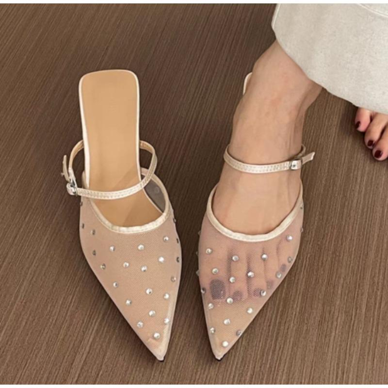 New Style Crystal High Heels Women Slippers Pointed Toe Mesh Mules Shoes Women's Sandals Elegant Summer Fad Slides Ladies Shoes