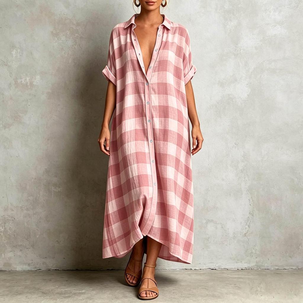 Women's Casual Plaid Short Sleeve Maxi Dress with Lapel for Vacation Beach Wear