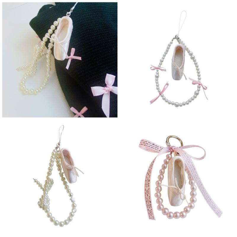 Fashionable Ballet Shoe Keychain Charm with Pearls Ribbon Designs Lovely and Stylish Accessory Portable for Girls
