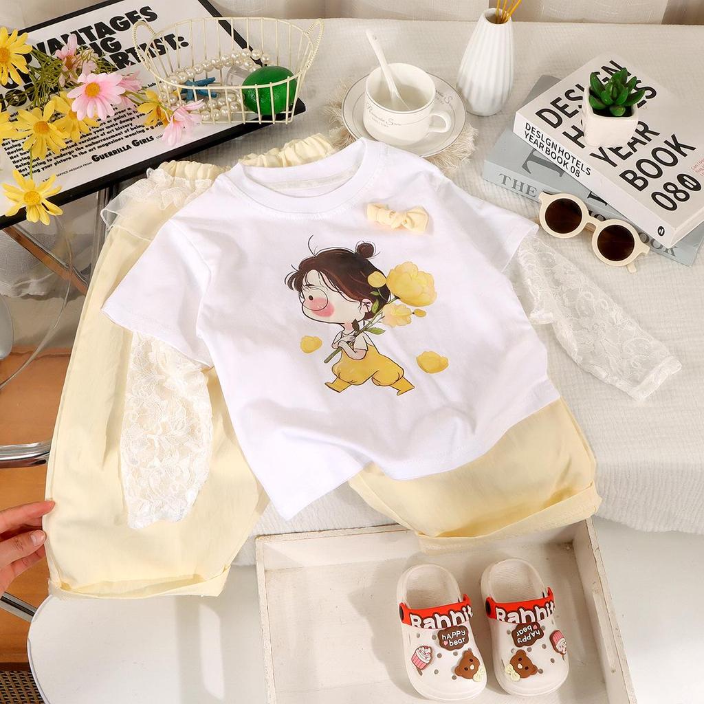 Summer Baby Girl 3D Print Lace Cotton Mosquito-Proof Two-Piece Short Sleeve Set
