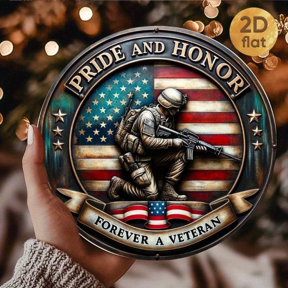 Patriotic Veterans Round Metal Sign American Flag Navy Design Wall Decor