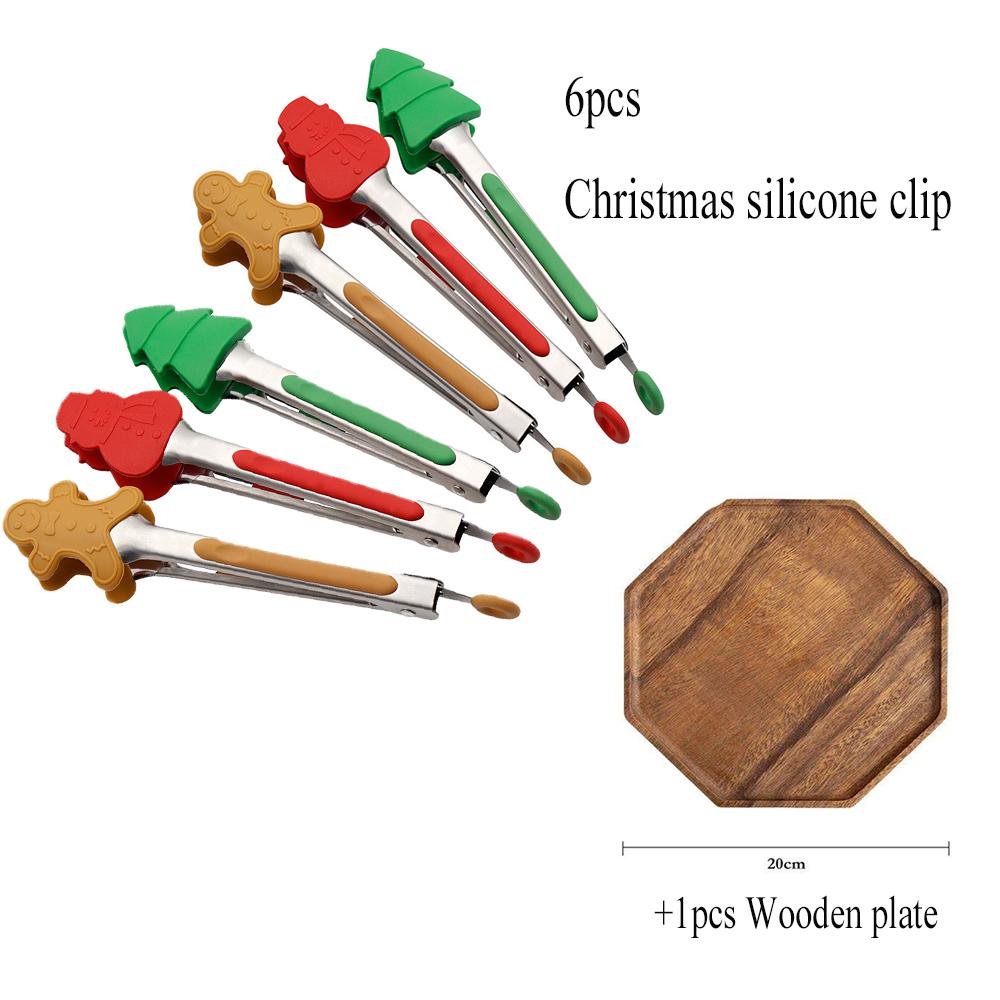Christmas Food Tongs 6 Pcs Grip Serving Gingerbread Man Tree Nonstick Tip Reusable Bacon Silicone Tongs Meat Server