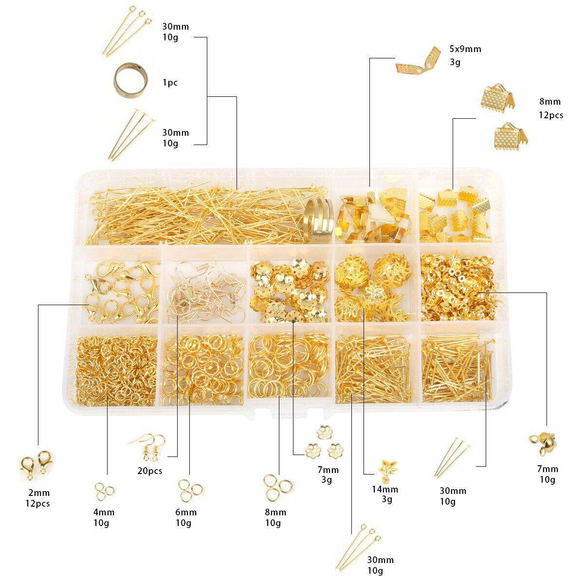 Набор фурнитуры из сплава: соединительные кольца, застежки, цепочки и швензы для серег, ассортимент в 1 коробке