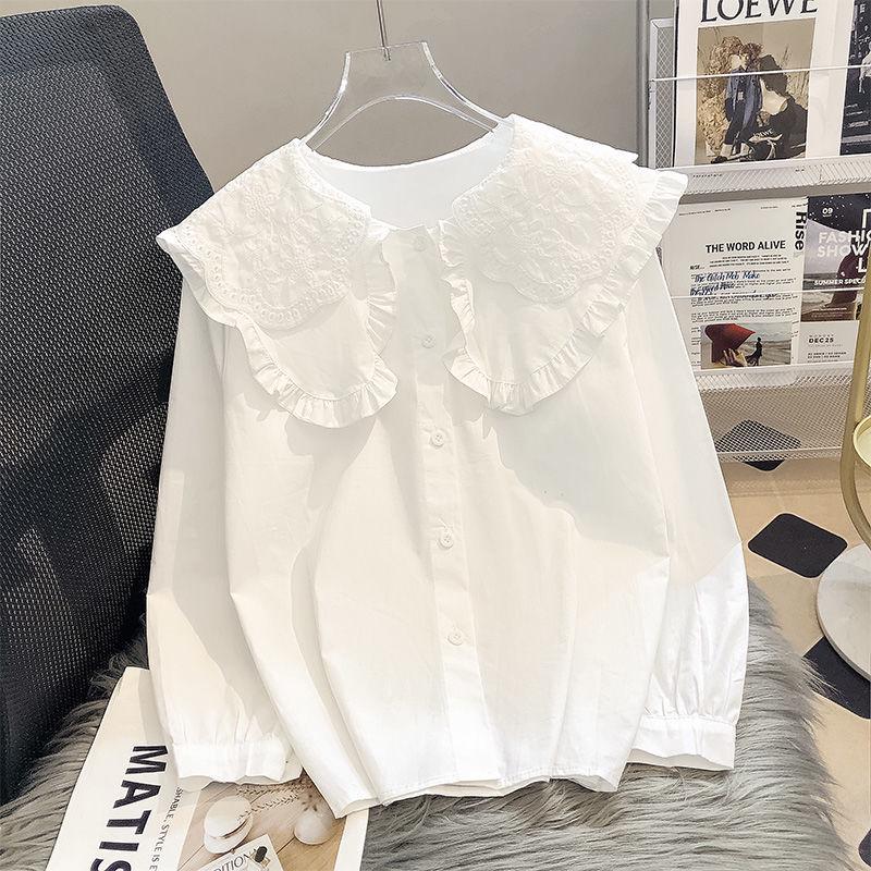 Women's Lace Peter Pan Collar White Blouse, Korean Style, Long Sleeve, Autumn/Spring 2023