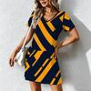 Summer Fashion Women's V Neck Short Sleeve Retro Geometric Pattern Printed  Dress Sex Short Skirt Dresses