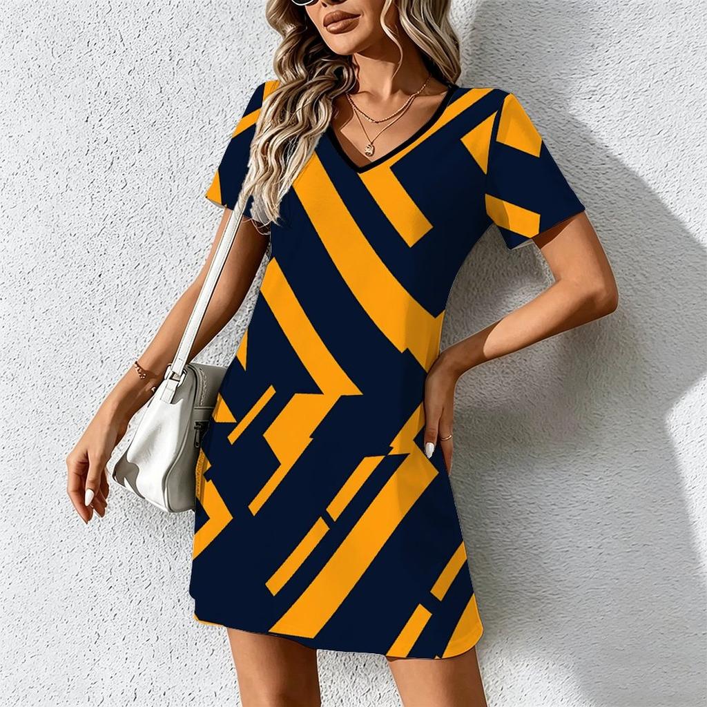 Summer Fashion Women's V Neck Short Sleeve Retro Geometric Pattern Printed Dress Sex Short Skirt Dresses