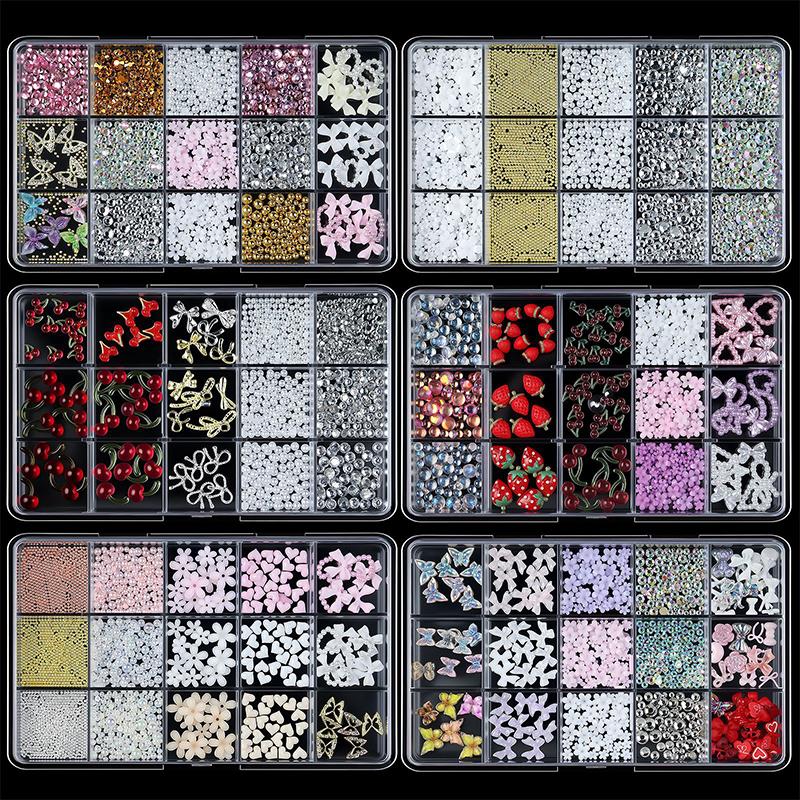 12/15 Grids/Box 3D Nail Art Decoration Kit With Resin Bowknot Pearls Heart & Assorted Shapes Kawaii Nail Charms Diy Manicure Art