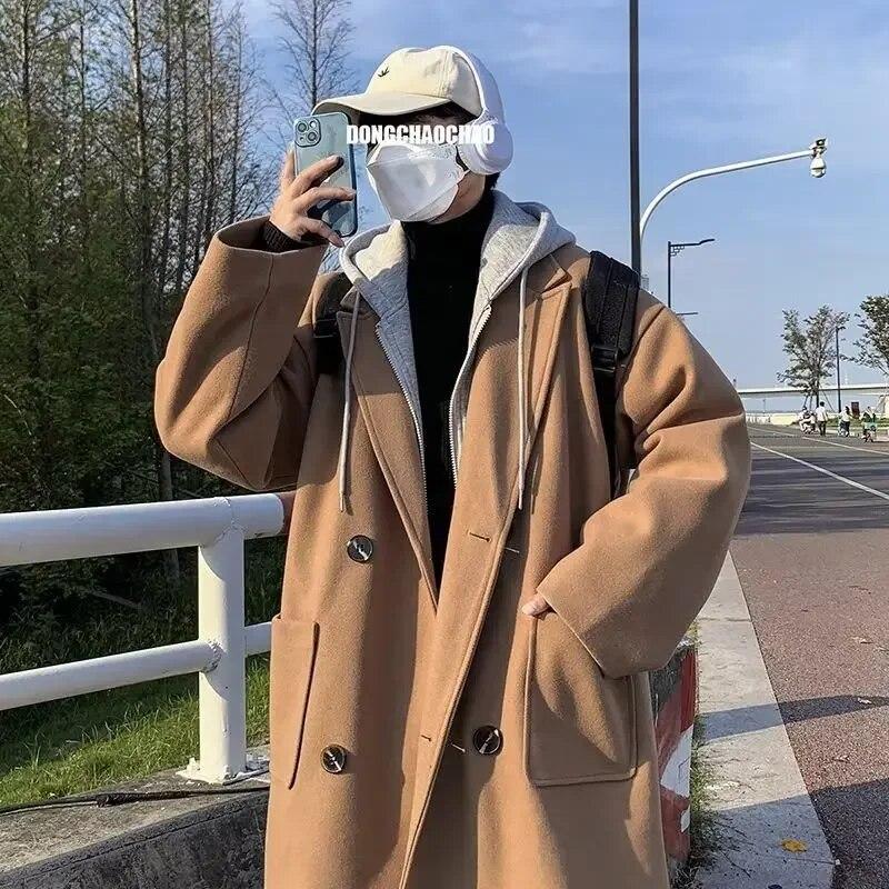 Fake Two Piece Woolen Coat Men Autumn Winter Korean Fashion Oversized Hooded Trench Coat Streetwear Men Thick Warm Woolen Jacket