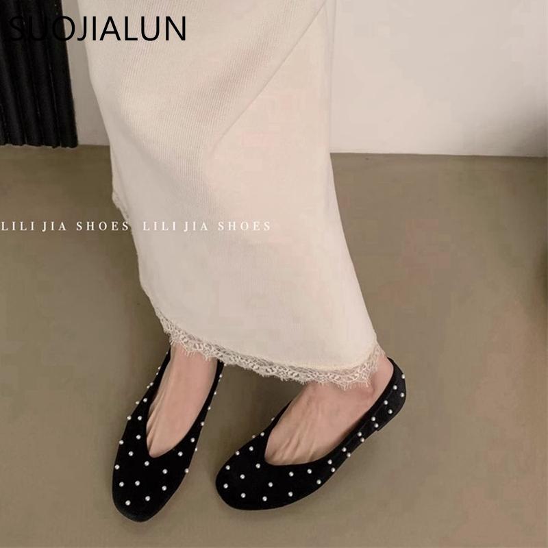 Fashion SUOJIALUN Autumn New Brand Women Flat Shoes Fashion Polka Dots Round Toe Shallow Slip On Boat Shoes Outdoor Dress Single Shoes