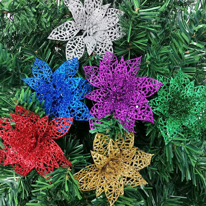 (6pcs/pack) Mixed Colors Artificial Christmas Tree Flower Glitter Decorations Xmas Ornaments New Year Gift