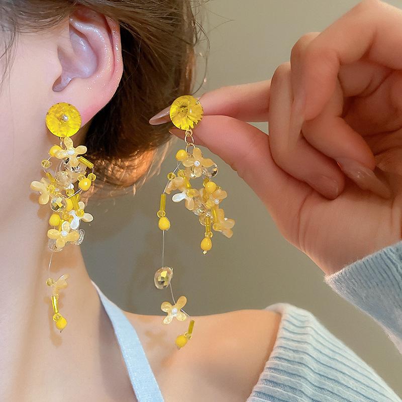 Silver Needle Yellow Flower Tassel Stud Earrings – Spring/Summer Forest Style, Sweet and Fashionable Luxury Ear Accessories for Women.