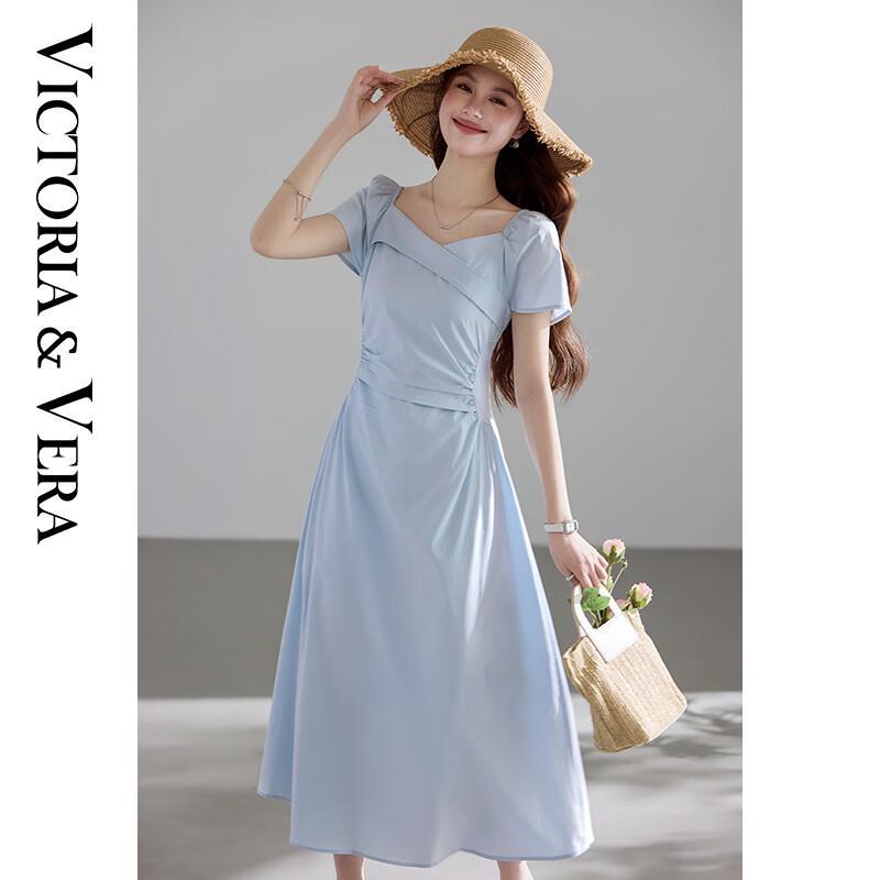 VICTORIA&VERA Gentle Mist Blue French Square Neck Pleated Dress
