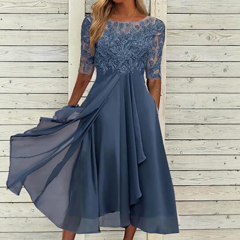 European and American women's clothing chiffon splicing lace hollow dress bridesmaid evening dress party dress