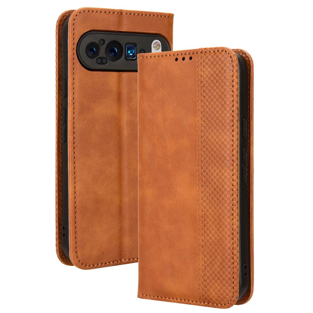 

For Google Pixel 9 Pro XL Case Vintage Leather Stand Magnetic Closure Phone Cover Brown