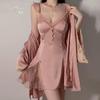 Women's Shimmer Satin Lace Sheer Padded Backless Sleep Dress with Robe Lounge Set