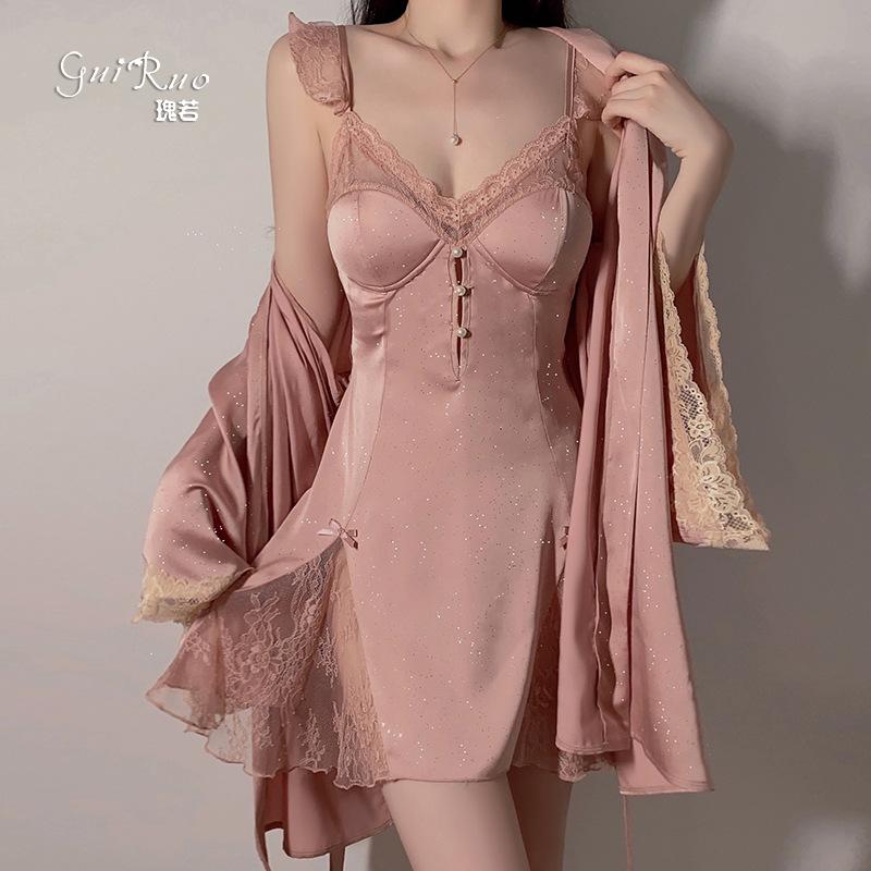 Women's Shimmer Satin Lace Sheer Padded Backless Sleep Dress with Robe Lounge Set