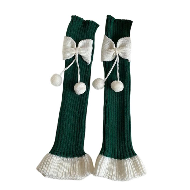 Fashionable Women's Leg Warmers Ribbed Socks Elastic Lace Trim with Cute Bows and Fuzzy Ball Winter Accessories