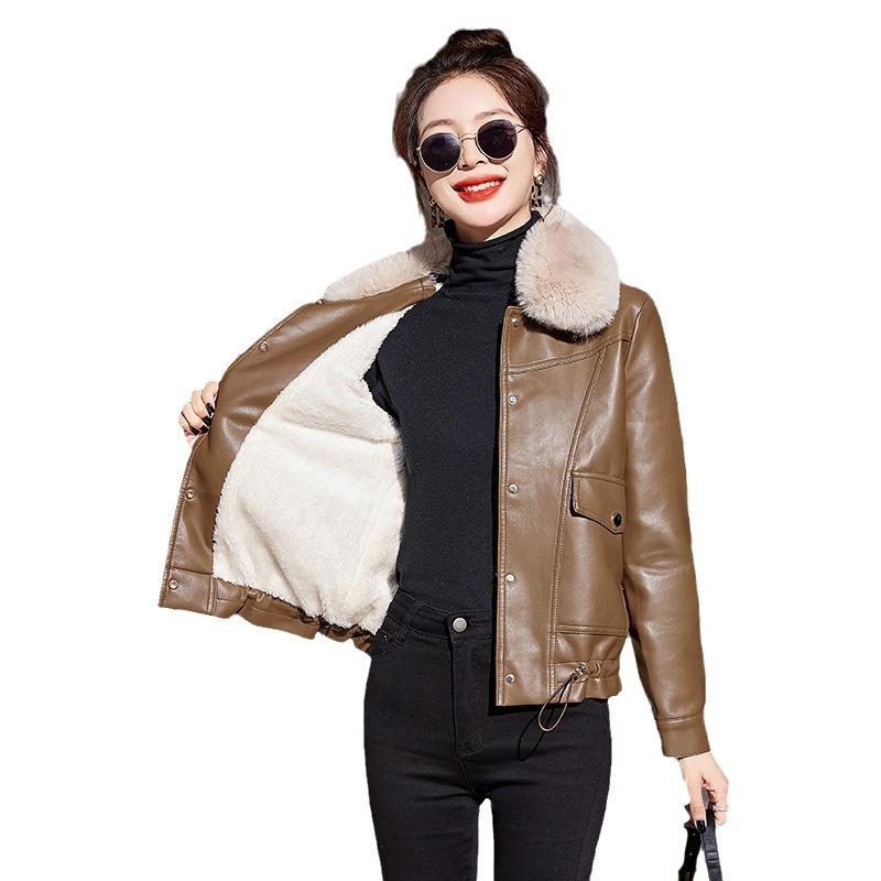 Luxusní malá kožená bunda Dámská krátká bavlněná bunda nového stylu v zesíleném stavu