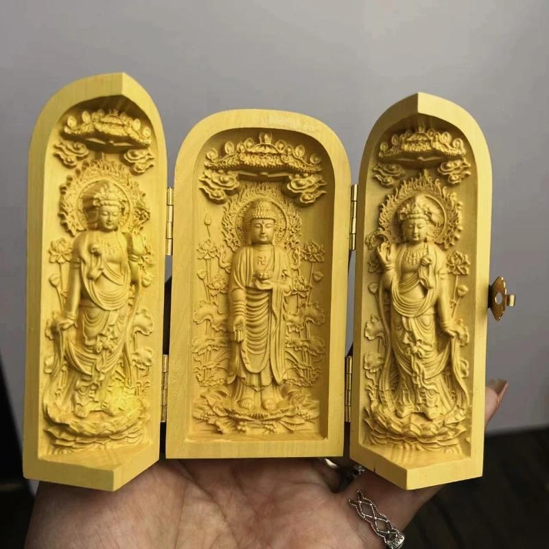 1 Stück Exquisite Buchsbaum-Schnitzerei Guanyin Buddha Statue Westliche Drei Heilige Holzschnitzkunst Handwerk Heimdekoration