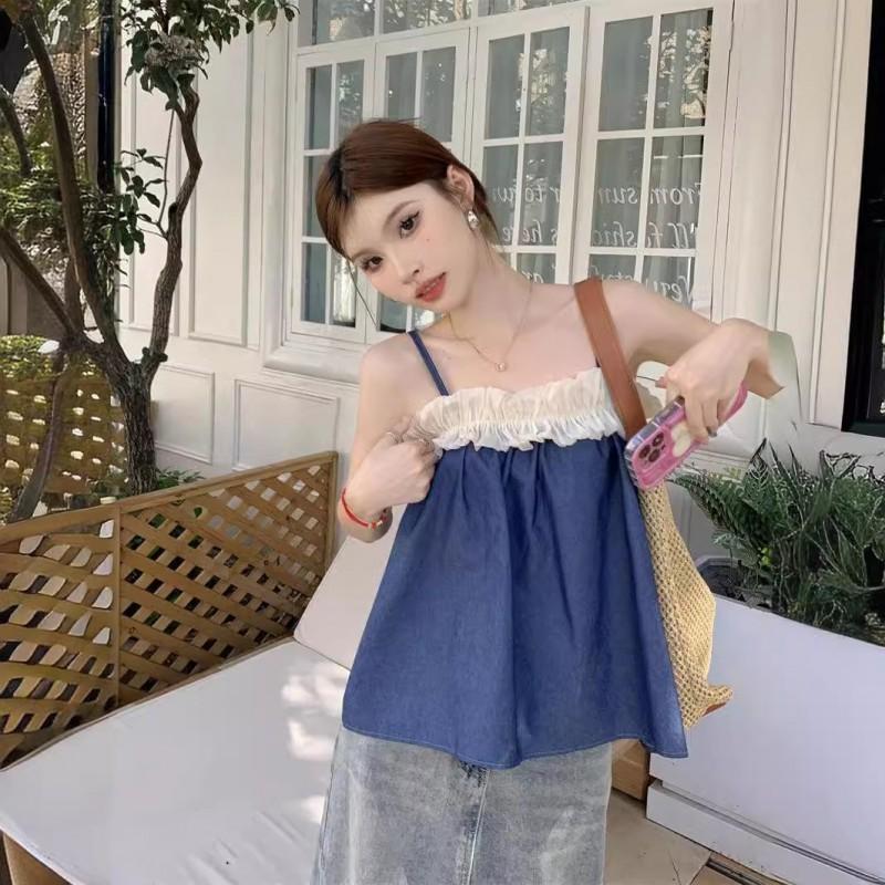 Design Sweet Hot Girl Ruffled Stitching Halter Vest Women's Vacation Off-the-shoulder Loose Sleeveless Top