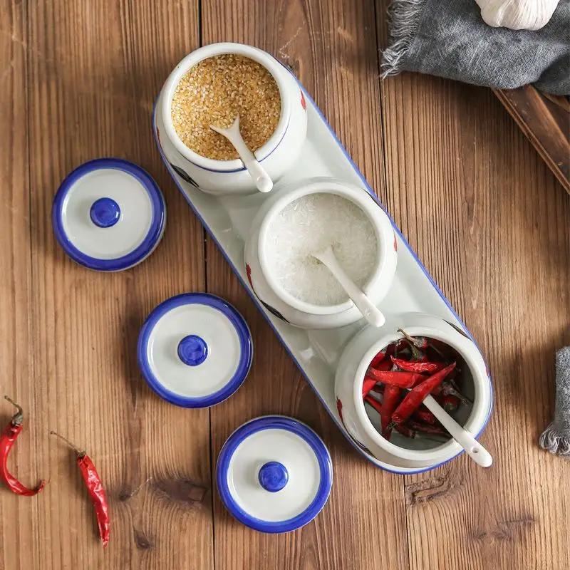 Retro Ceramic Rooster Seasoning Jar Salt and Monosodium Glutamate Seasoning Jar Household Kitchen with Lid Spoon