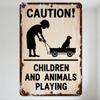 Vintage Caution Children Animals Playing Metal Tin Sign Rustic Aged Wall Decor for Home Club Bar Restaurant Man Cave